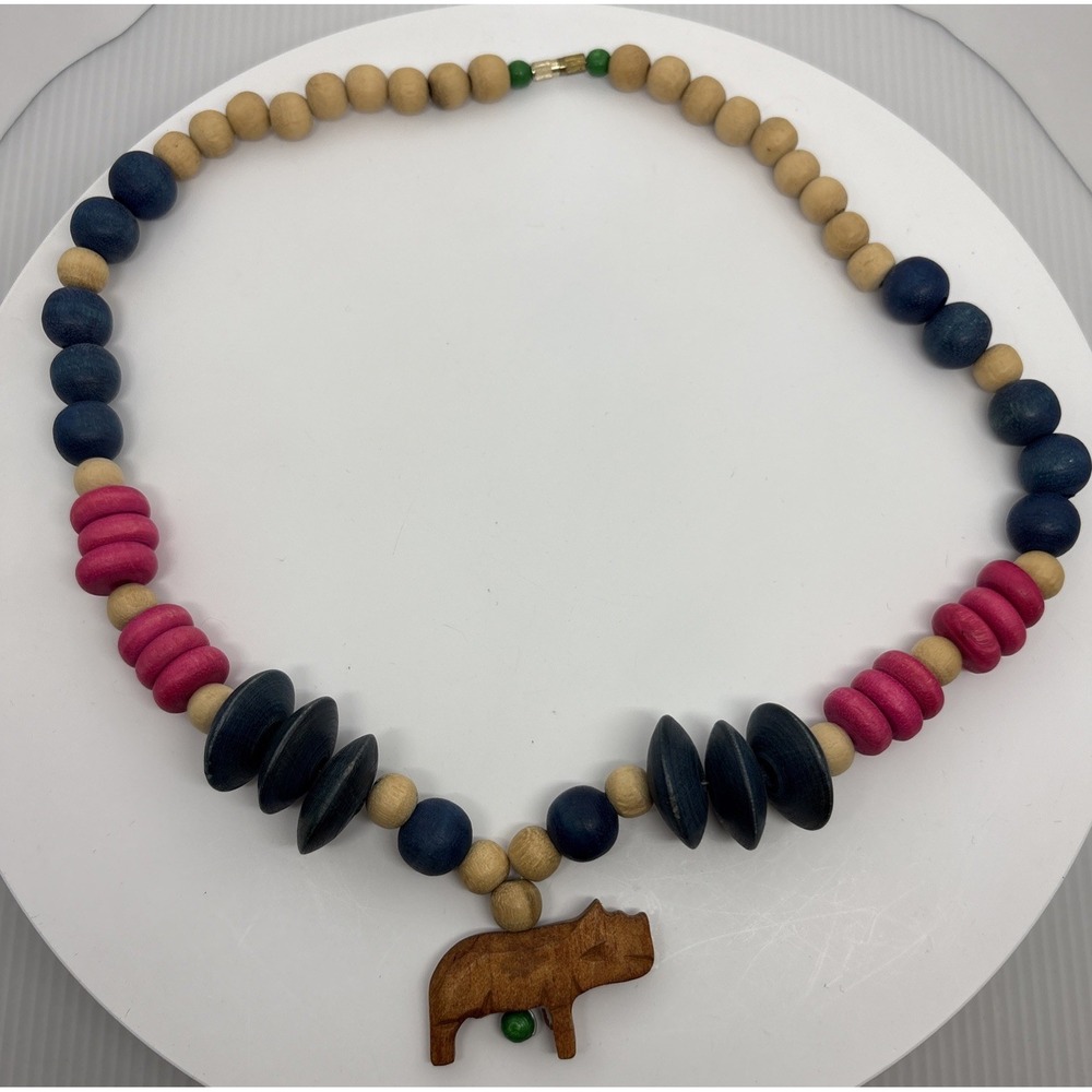 Hand Carved Wooden Beaded Necklace Rhinoceros Boho African Animal Beads 20" Long